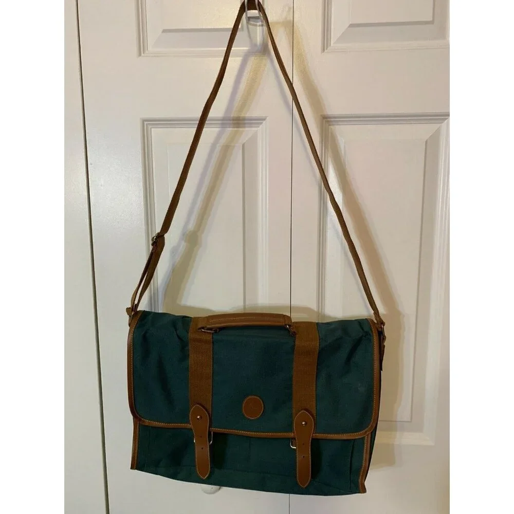 VTG Polo Ralph Lauren Canvas Courier Bag Green‎ Leather Trim Shoulder Crossbody
